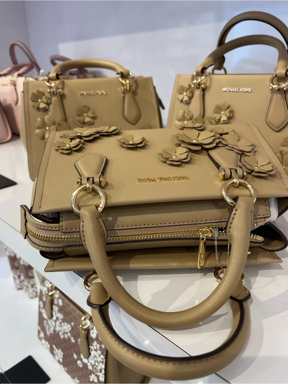 MICHAEL KORS Marilyn Sm Floral Embellished Satchel Messenger Crossbody Camel NW